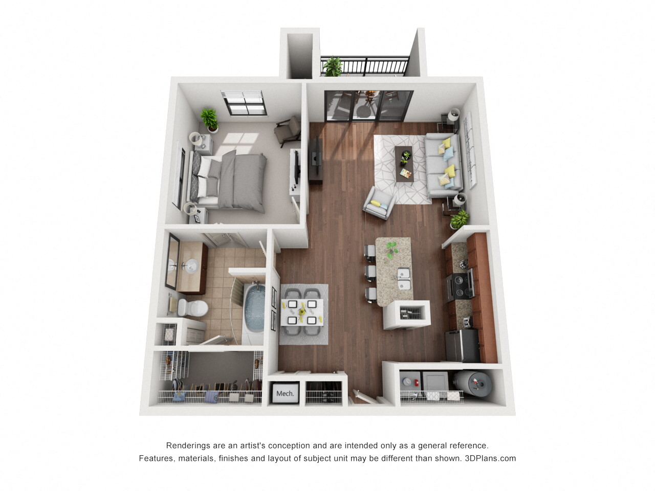 Floor plan for 1 bed, 1 bath, 895 sqft
